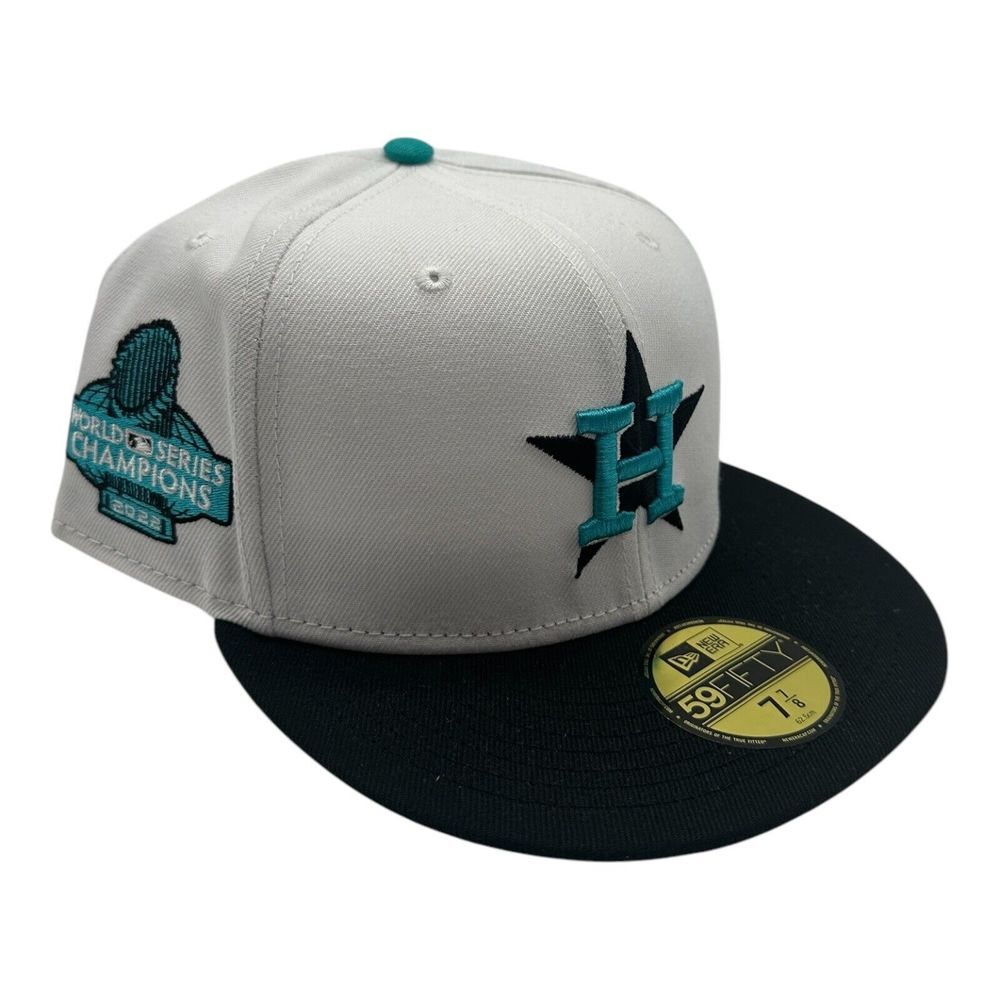New Era 59Fifty Houston Astros Hat Cap 7 7/8 White Teal 2022 World Series Patch